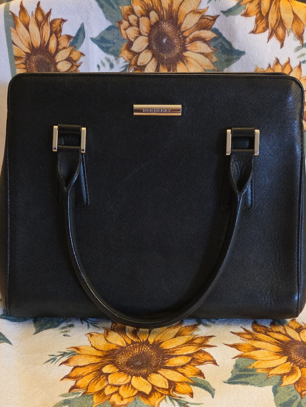 Burberry Black Saffiano Satchel with Gold-Tone Plaque